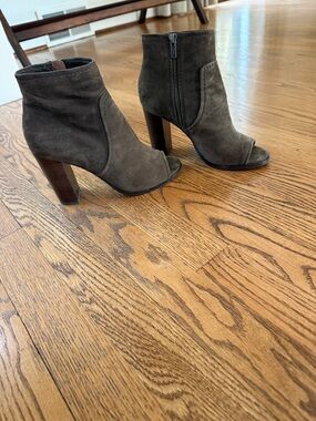Frye dark taupe Peep-Toe Block Heel Ankle Boots